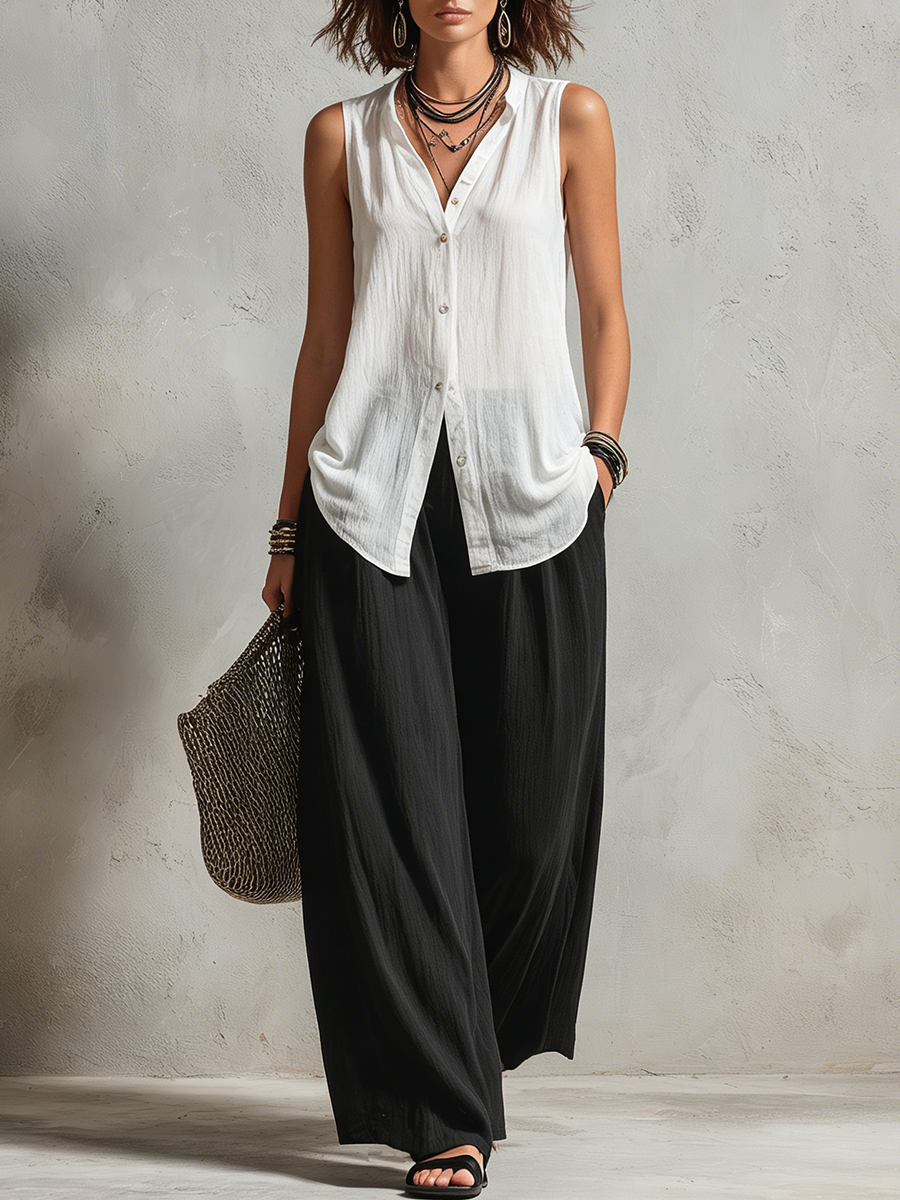 Monique | Three-Piece Set: Chiffon Layered Cardigan &amp; High-Waist Wide-Leg Pants