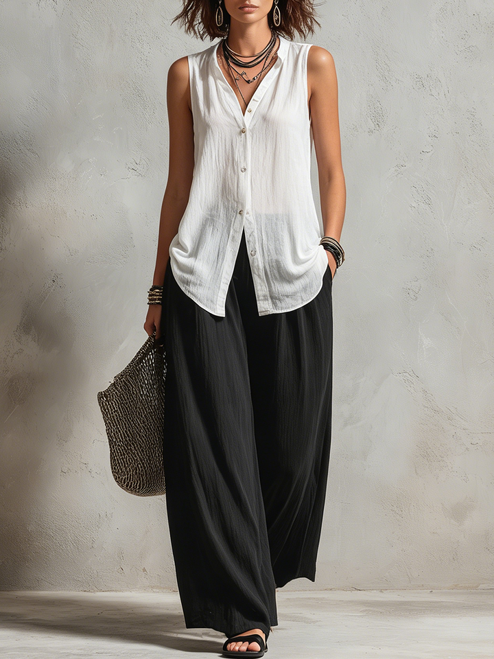 Monique | Three-Piece Set: Chiffon Layered Cardigan &amp; High-Waist Wide-Leg Pants