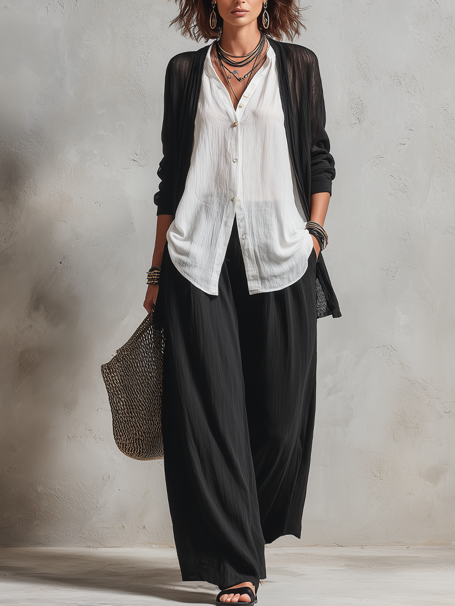 Monique | Three-Piece Set: Chiffon Layered Cardigan &amp; High-Waist Wide-Leg Pants