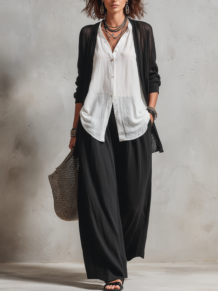 Monique | Three-Piece Set: Chiffon Layered Cardigan &amp; High-Waist Wide-Leg Pants