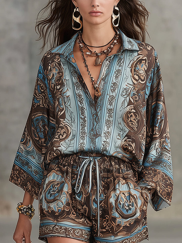 Serena | Button-Down Shirt &amp; Drawstring Shorts, Baroque Print