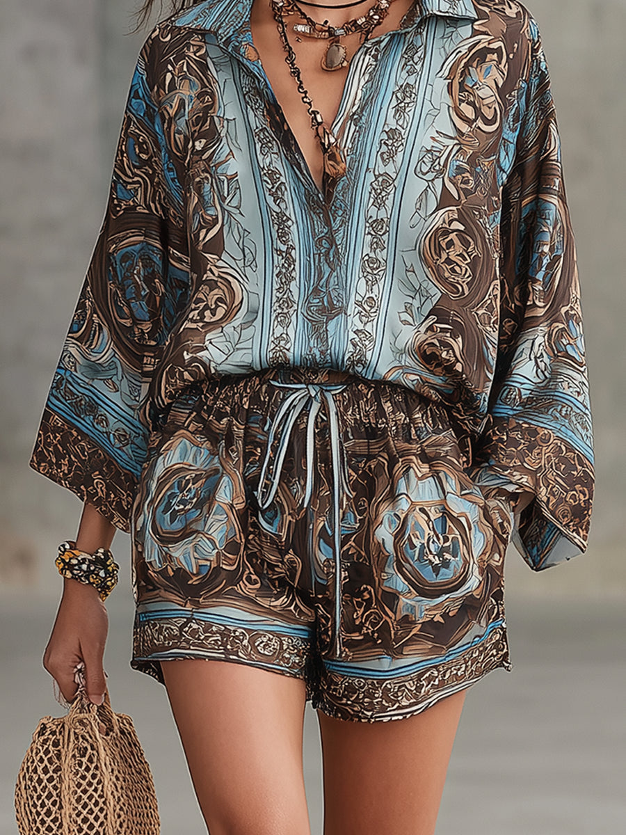 Serena | Button-Down Shirt &amp; Drawstring Shorts, Baroque Print