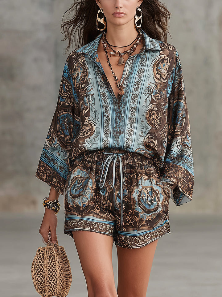 Serena | Button-Down Shirt &amp; Drawstring Shorts, Baroque Print