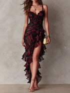 Chic Black And Red Floral Ruched Ruffle Hem Dress