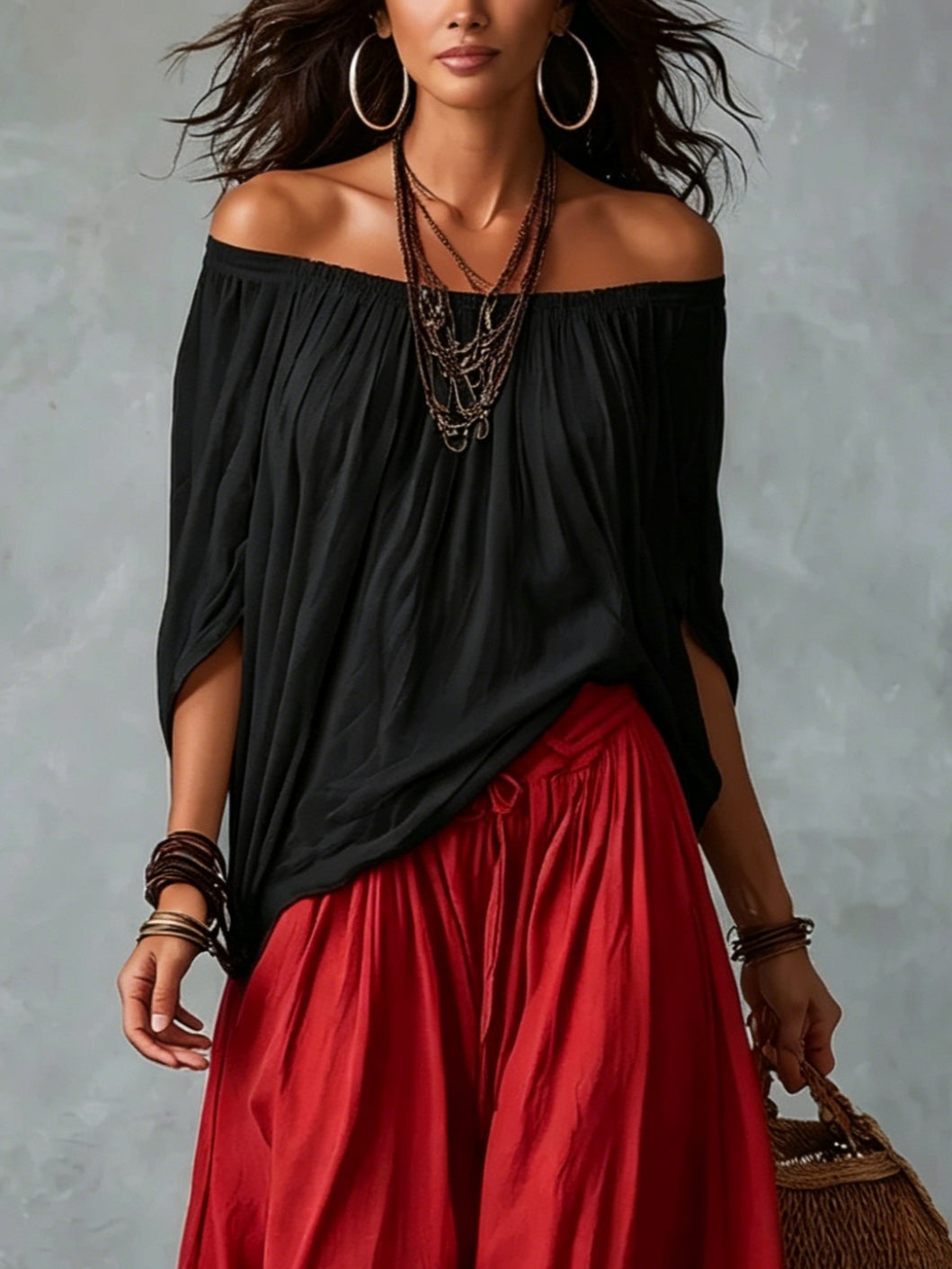 Marisol | Off-Shoulder Crop Top &amp; Lantern Pants Set - Rayon Blend