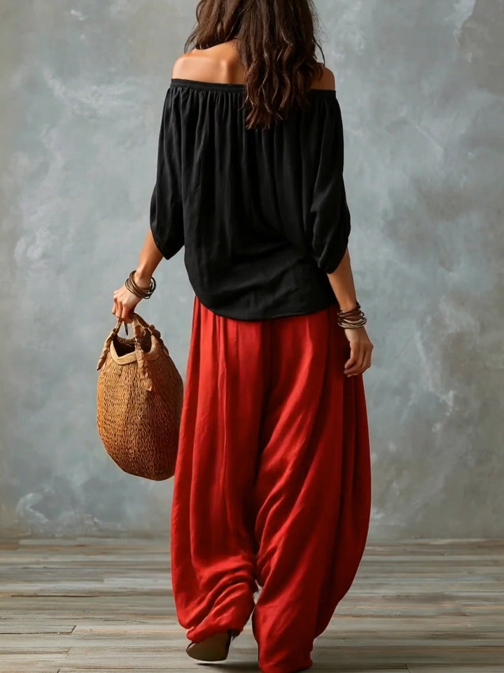 Marisol | Off-Shoulder Crop Top &amp; Lantern Pants Set - Rayon Blend