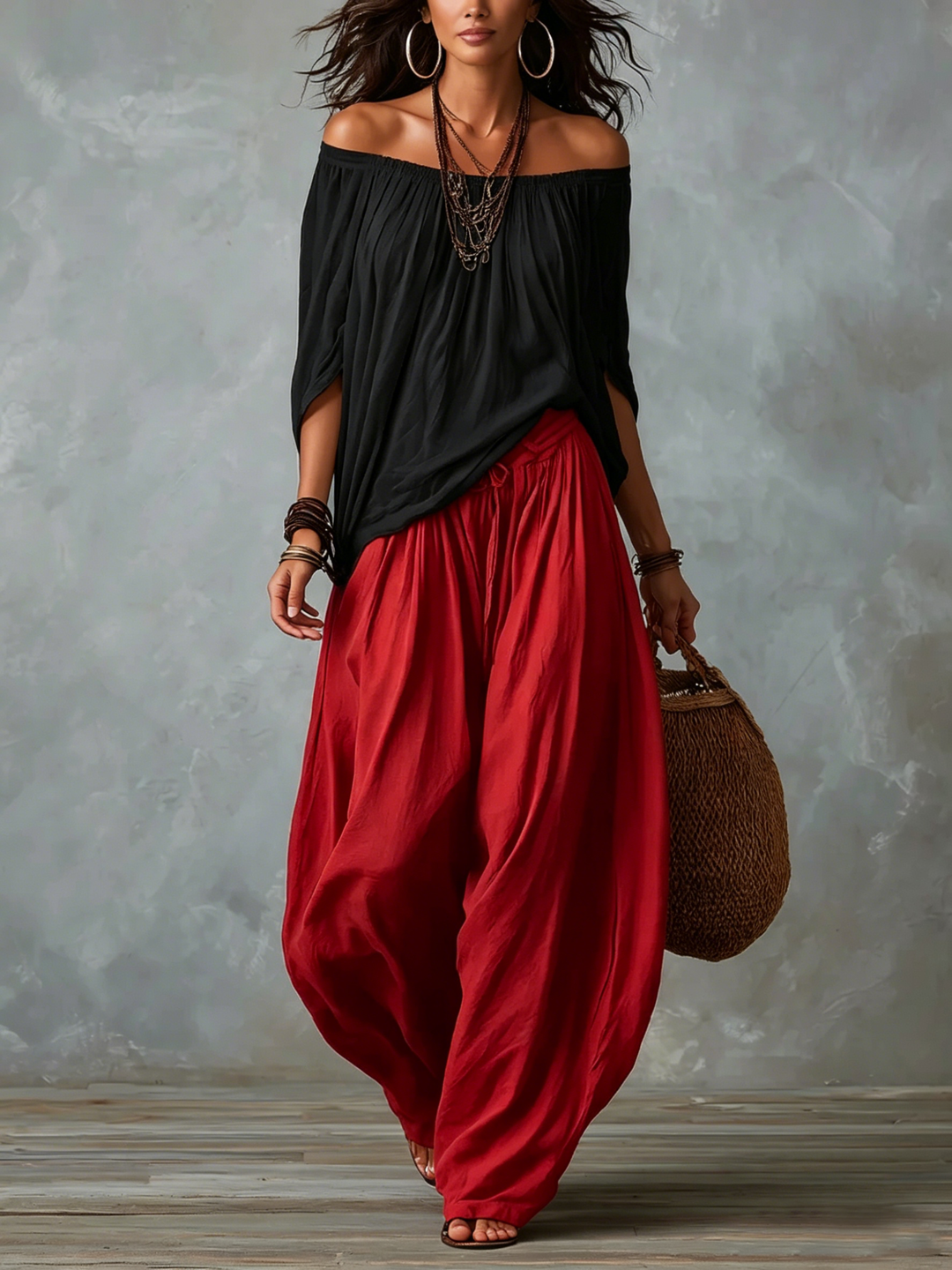 Marisol | Off-Shoulder Crop Top &amp; Lantern Pants Set - Rayon Blend