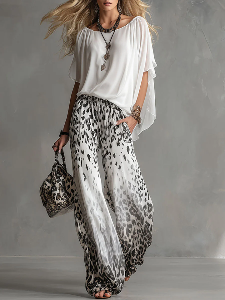Monica | Boat-Neck T-Shirt &amp; Gradient Leopard Chiffon Pants Set