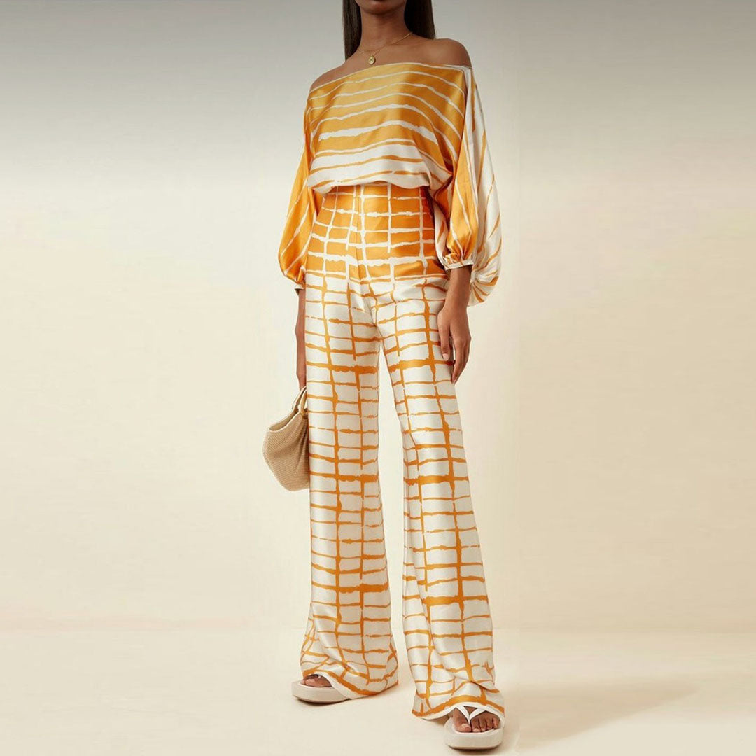 Emma - Wave Print Satin One-Shoulder Top &amp; Wide-Leg Pants Set