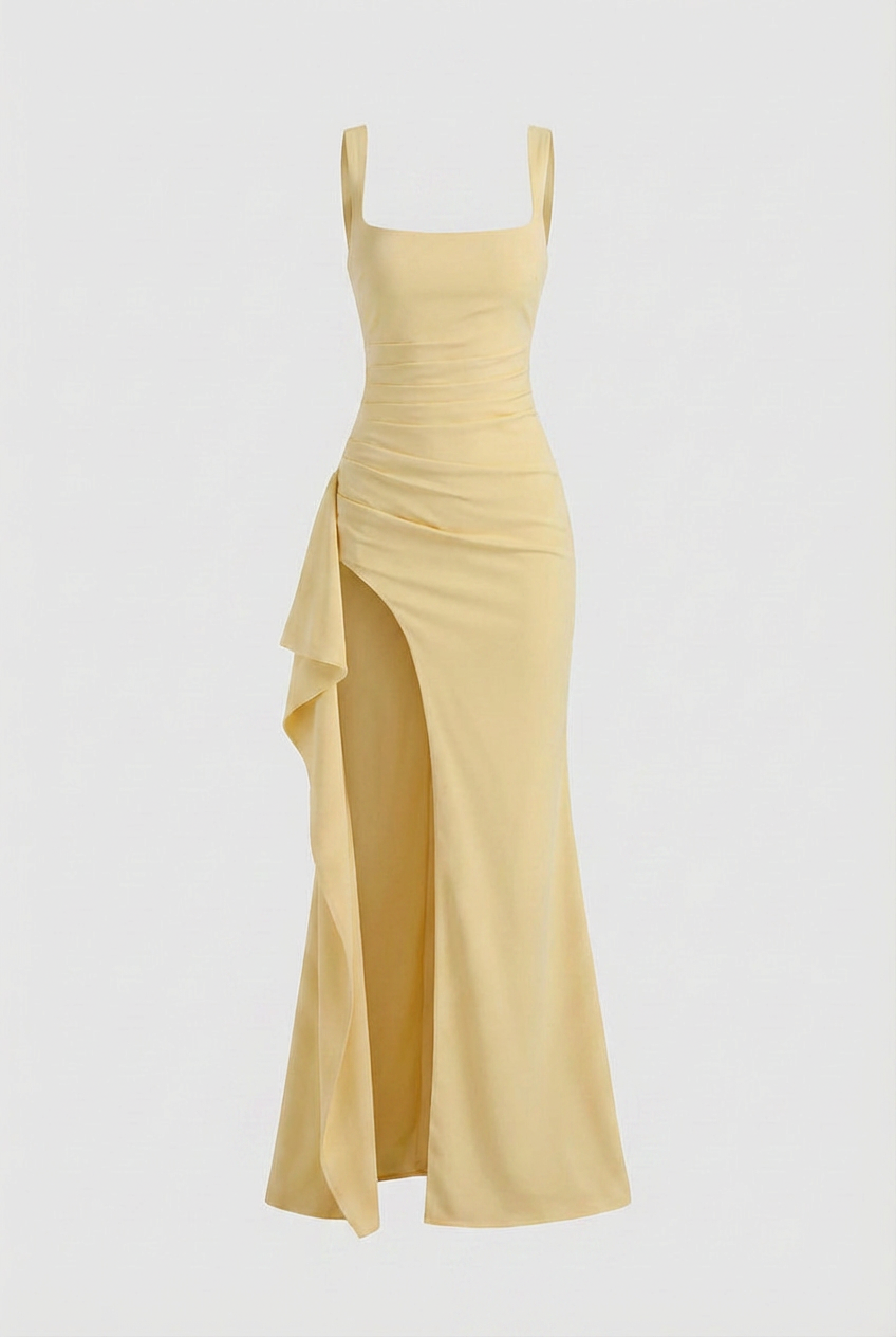Yellow Slit Dress - Chic Square Neck Evening Style