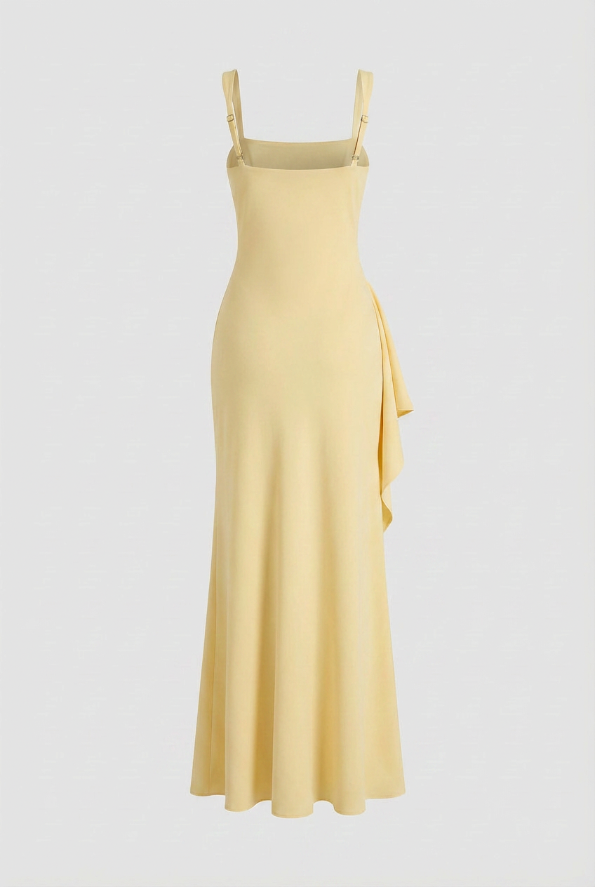 Yellow Slit Dress - Chic Square Neck Evening Style