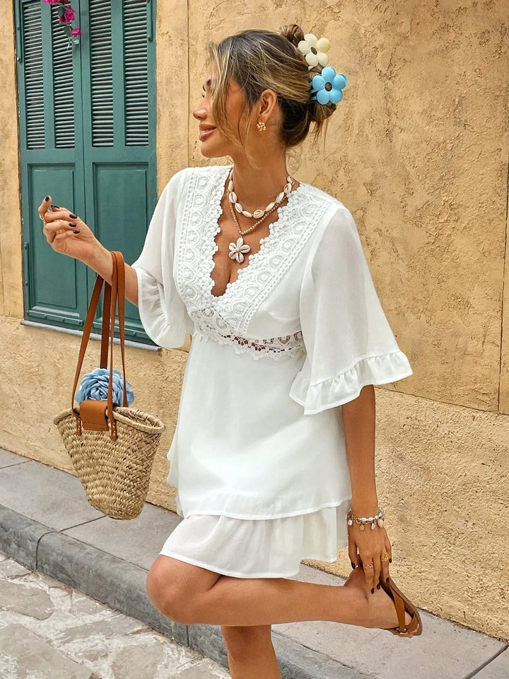 Yvette | Elegant Women’s 2026 Graduation Lace Flounce Boho Mini Dress