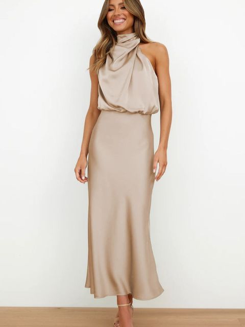 BENTHE - Halter Neck Satin Maxi Dress with Draped Neckline