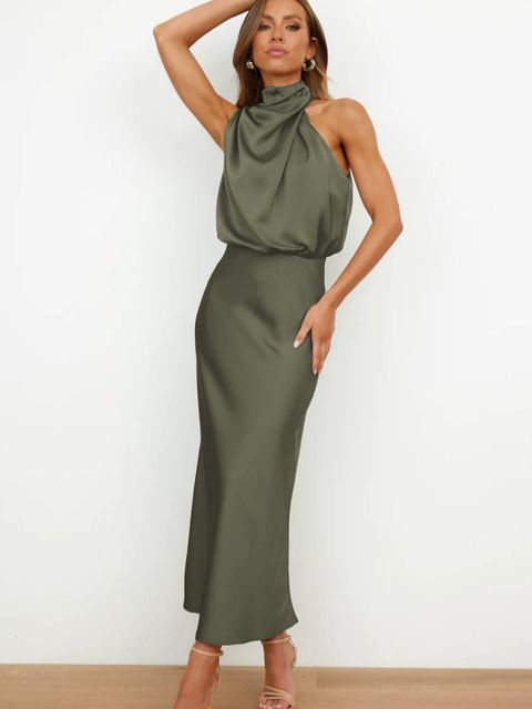 BENTHE - Halter Neck Satin Maxi Dress with Draped Neckline