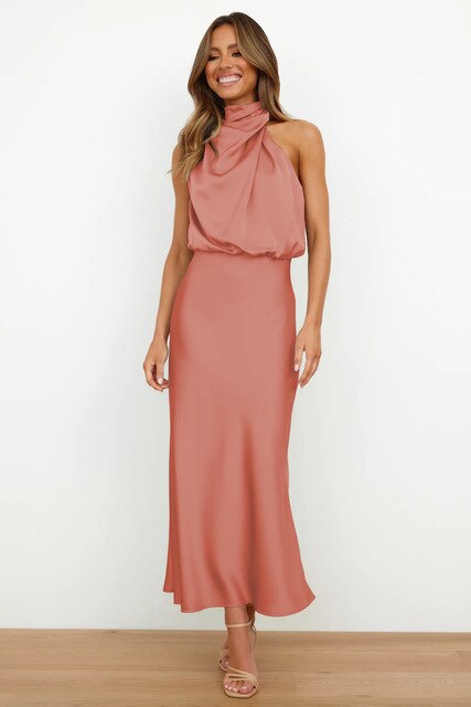 BENTHE - Halter Neck Satin Maxi Dress with Draped Neckline