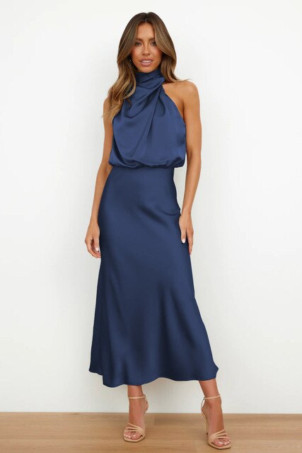 BENTHE - Halter Neck Satin Maxi Dress with Draped Neckline