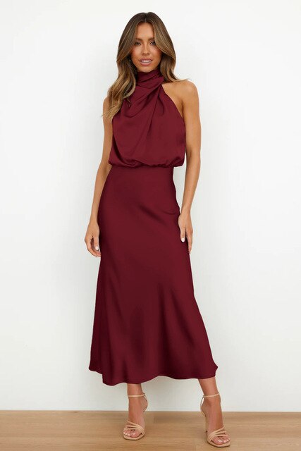 BENTHE - Halter Neck Satin Maxi Dress with Draped Neckline