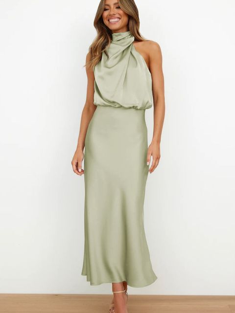 BENTHE - Halter Neck Satin Maxi Dress with Draped Neckline