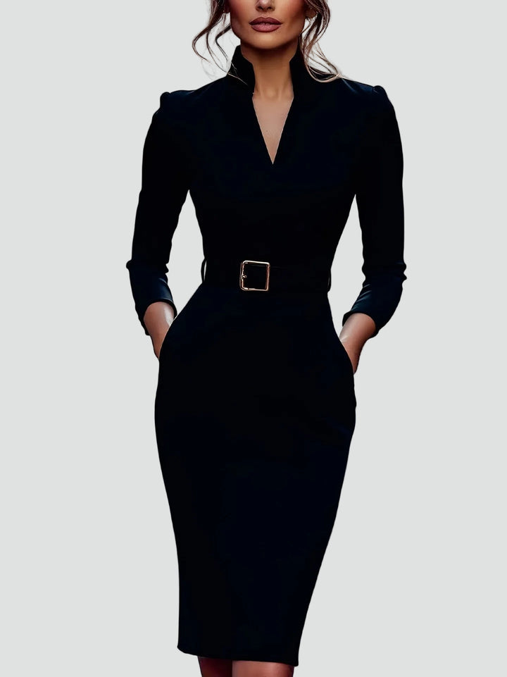 Business Midi Dress for Women with Belt and 3/4 Sleeves, Elegant and Flattering - Leonora Bianchi