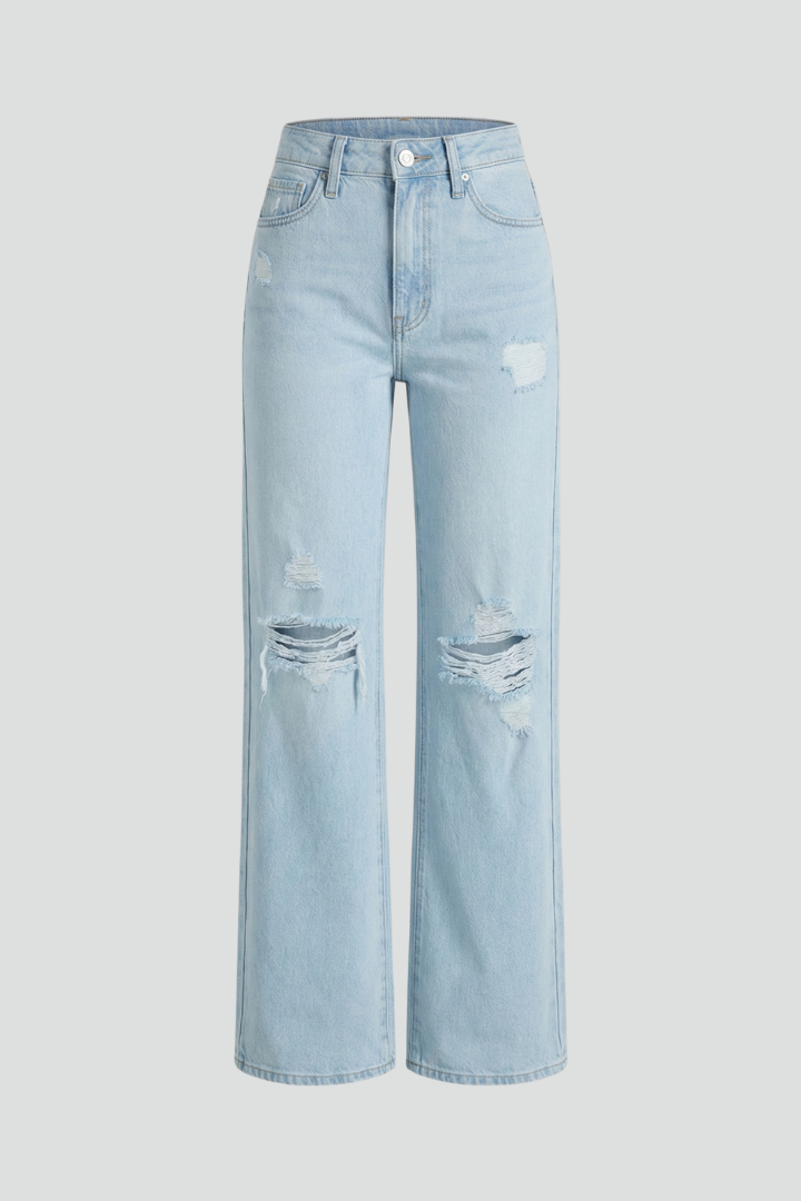 NOVA - High Waist Distressed Wide Leg Jeans with Ripped Knee Detail