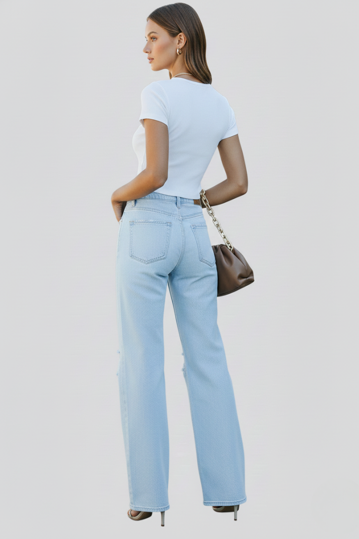 NOVA - High Waist Distressed Wide Leg Jeans with Ripped Knee Detail