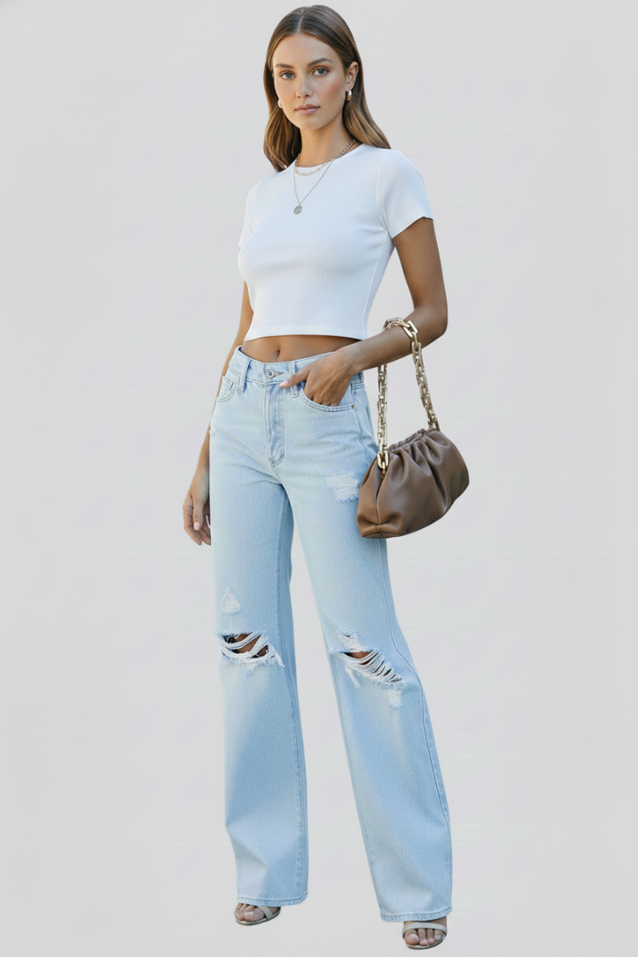 NOVA - High Waist Distressed Wide Leg Jeans with Ripped Knee Detail