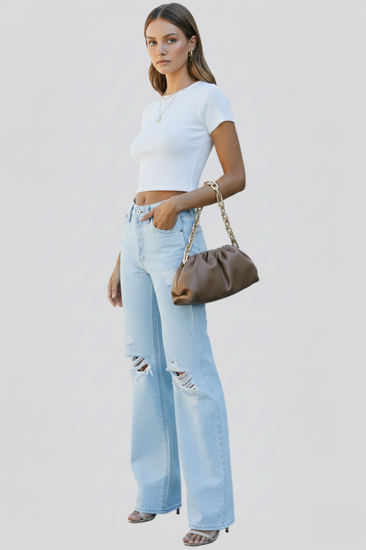 NOVA - High Waist Distressed Wide Leg Jeans with Ripped Knee Detail