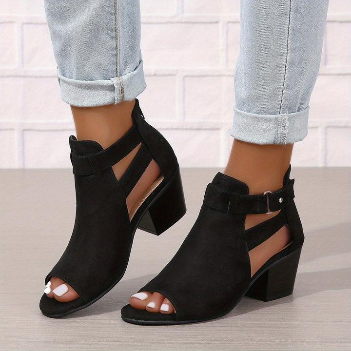 Isabel - Women’s Heeled Sandals – Open Toe – Block Heel – Cutout Ankle Boot Style