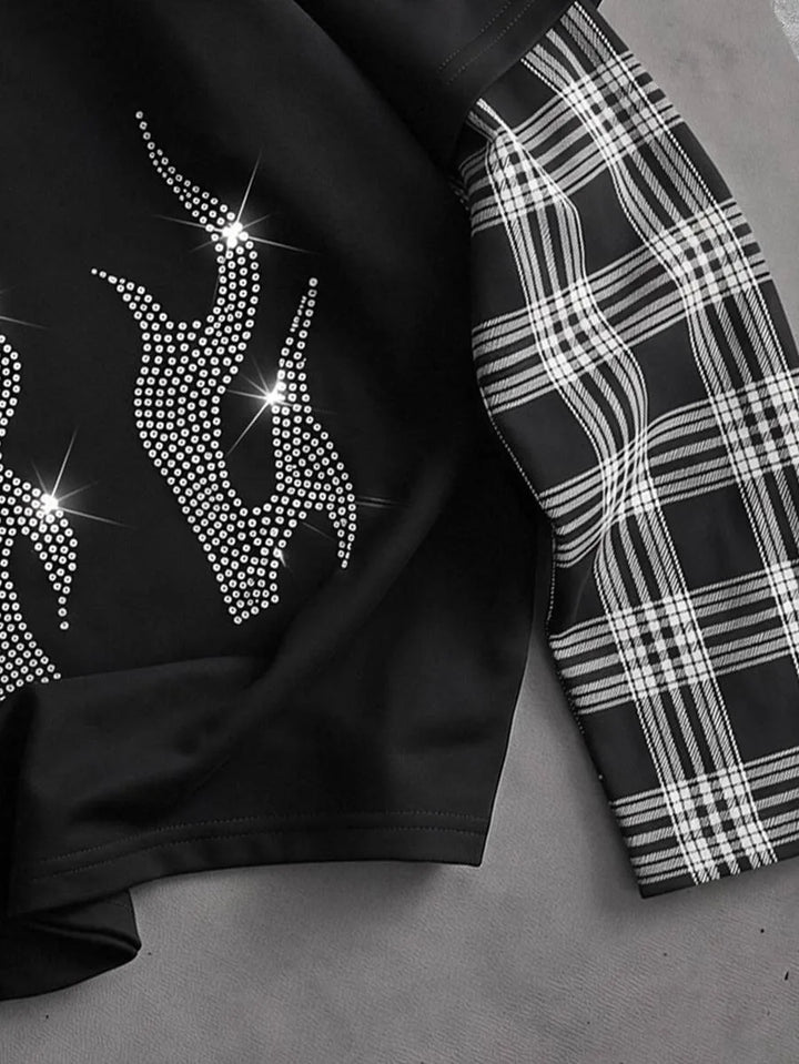 T-shirt with plaid patchwork sleeves