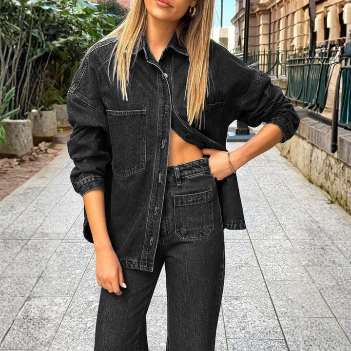 Casual Denim Shirt with Front Button Placket and Two Pockets for Women