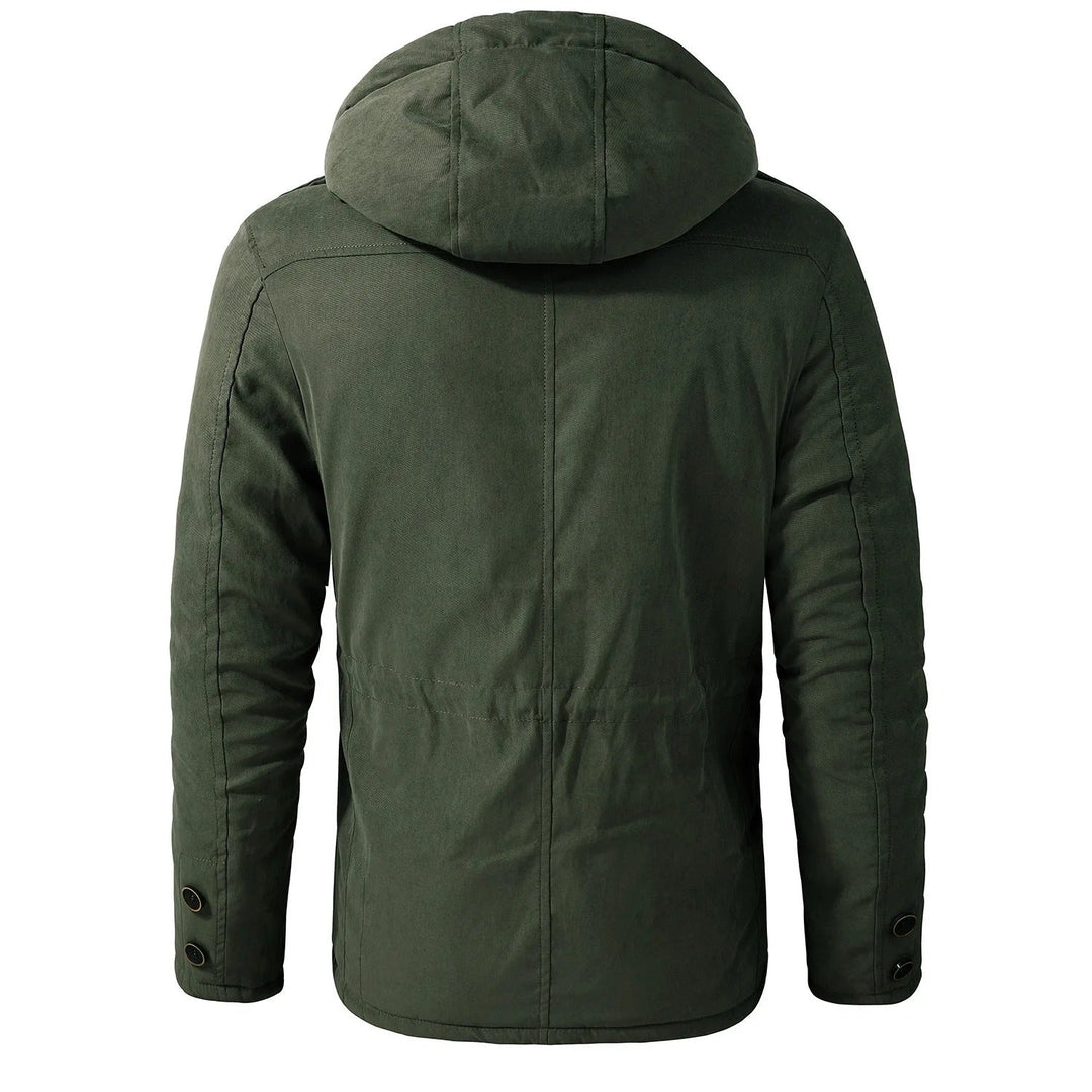Warm windproof winter jacket with hood for men