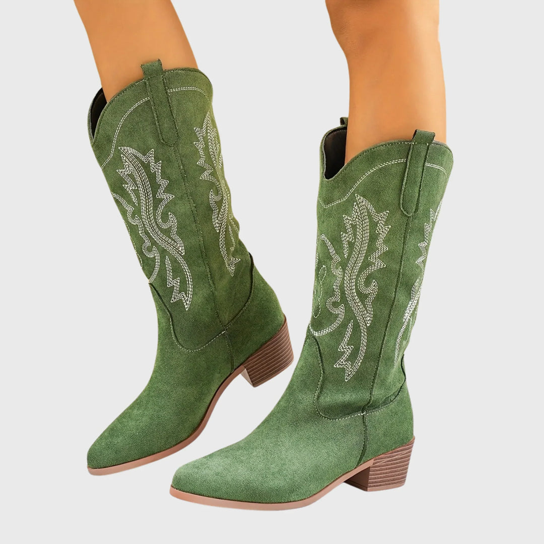 Boots For Women | Western Block Heel Pointed Toe Embroidery