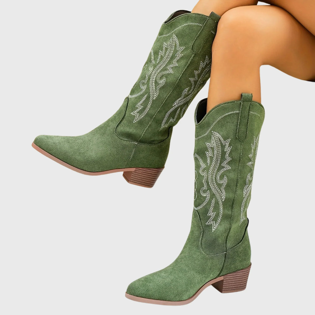 Boots For Women | Western Block Heel Pointed Toe Embroidery