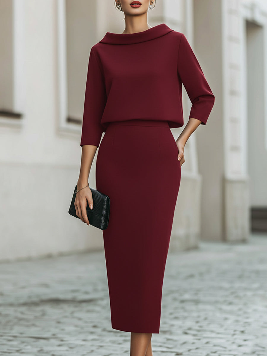 Ladies Two-Piece Set Boat Neck Top and Midi Skirt Tailored Fit - Black / Navy Blue / Beige - Maelen