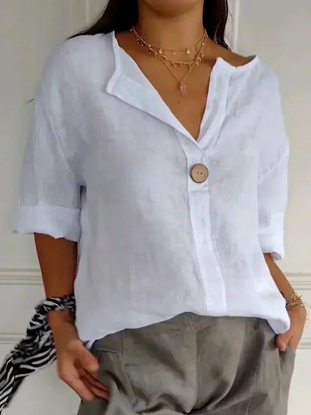 Audrey | Women’s V-Neck Button Front Linen Blouse