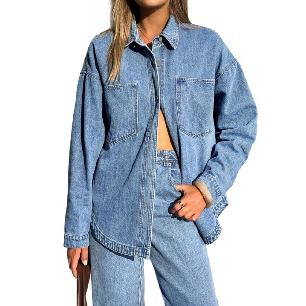 Casual Denim Shirt with Front Button Placket and Two Pockets for Women