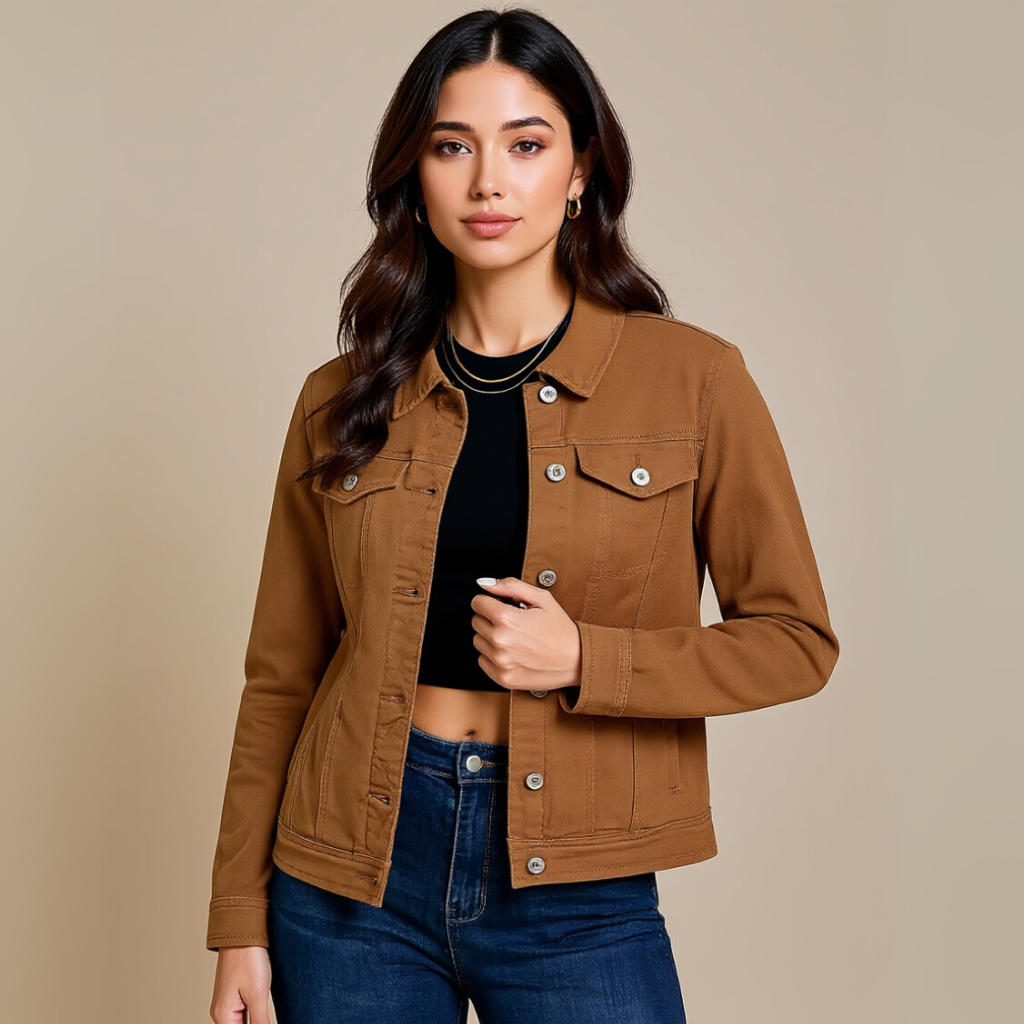 Basic Tailored Stretch Denim Jacket with Button Placket and Long Sleeves
