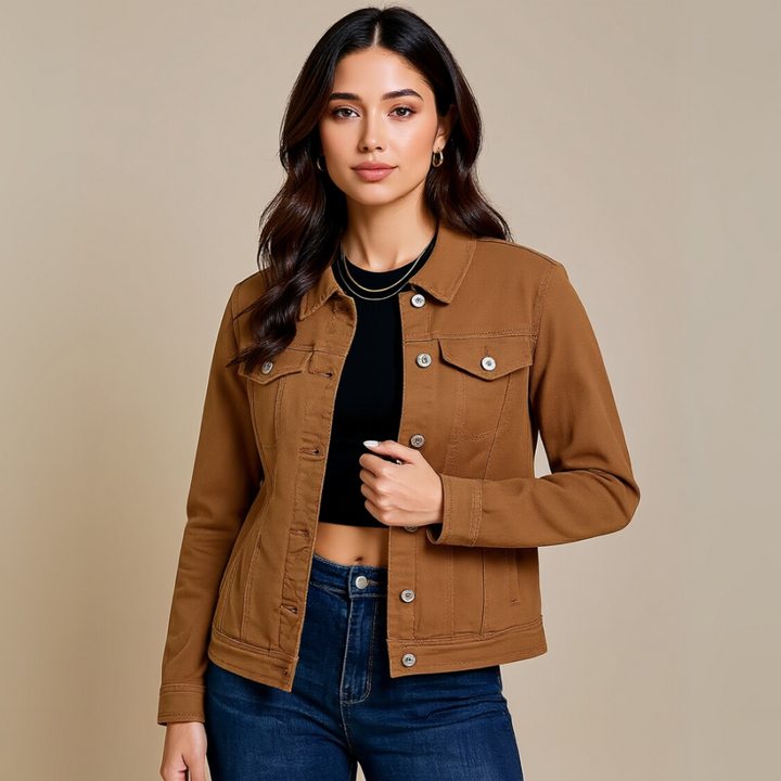 Basic Tailored Stretch Denim Jacket with Button Placket and Long Sleeves