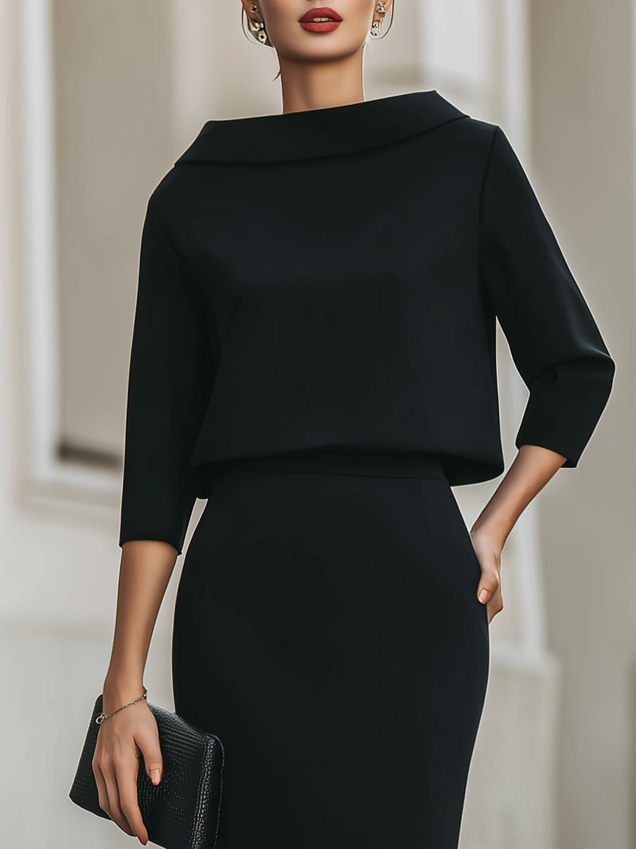 Ladies Two-Piece Set Boat Neck Top and Midi Skirt Tailored Fit - Black / Navy Blue / Beige - Maelen