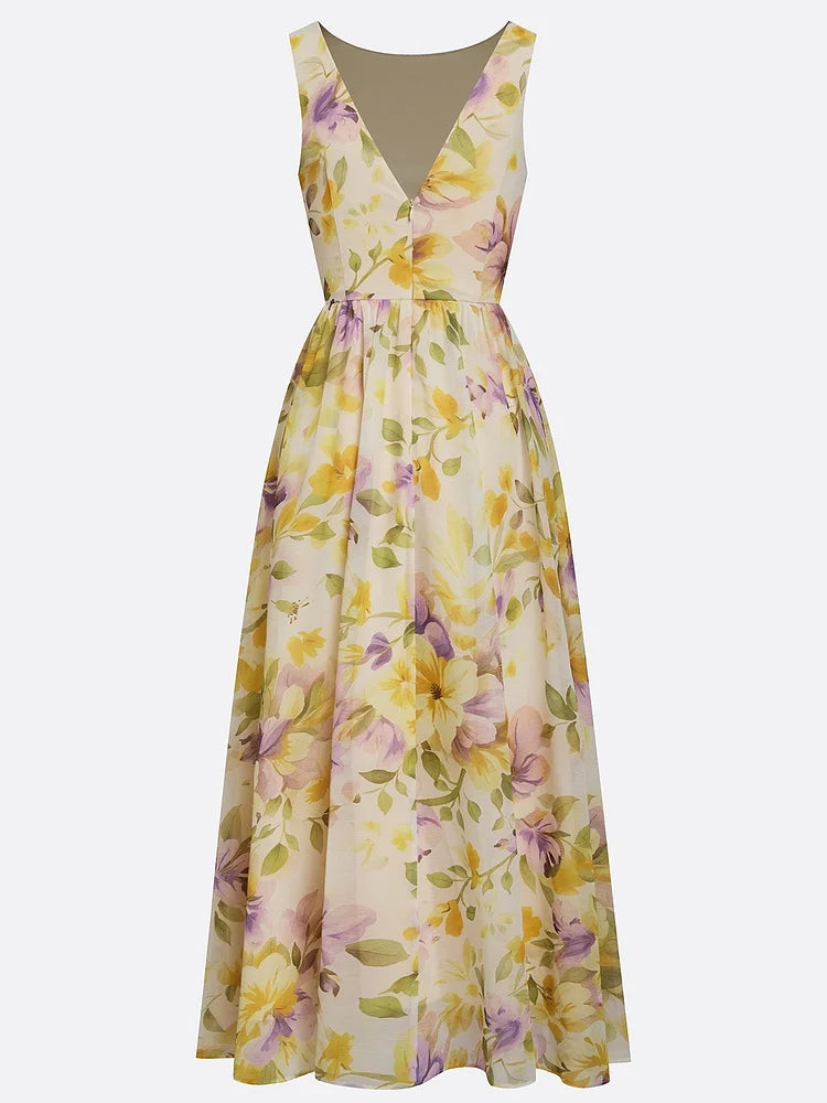 Yellow Floral Ruched Chiffon Boat Neck Sleeveless A-Line Maxi Dress