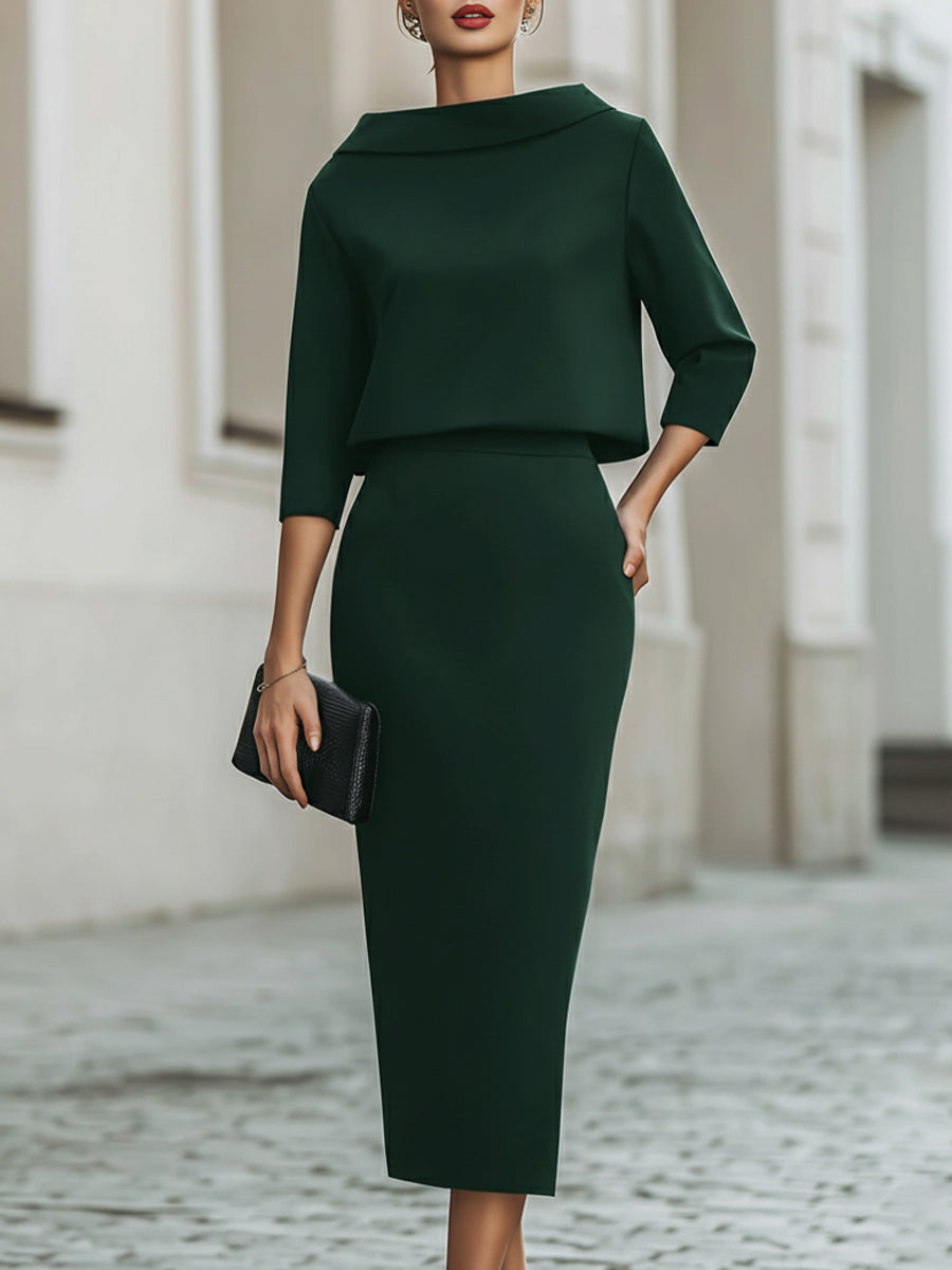Ladies Two-Piece Set Boat Neck Top and Midi Skirt Tailored Fit - Black / Navy Blue / Beige - Maelen