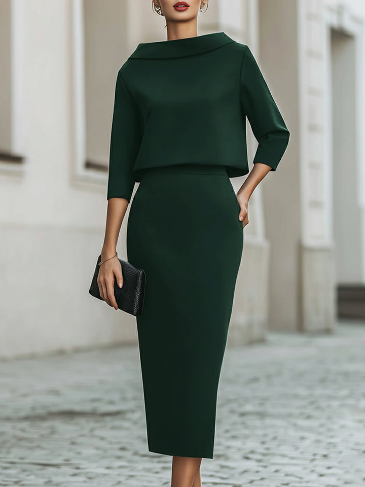 Ladies Two-Piece Set Boat Neck Top and Midi Skirt Tailored Fit - Black / Navy Blue / Beige - Maelen