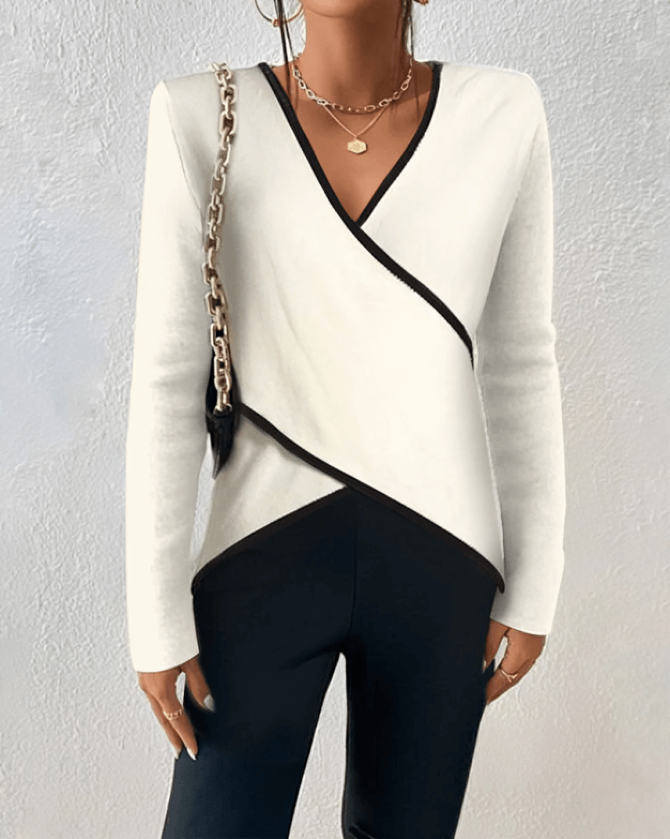 Samantha - Two-Tone Wrap-Front V-Neck Long Sleeve Top