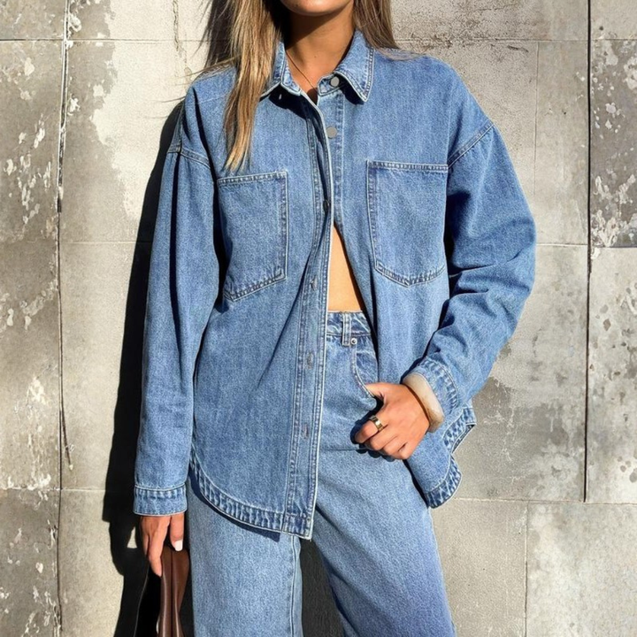 Casual Denim Shirt with Front Button Placket and Two Pockets for Women