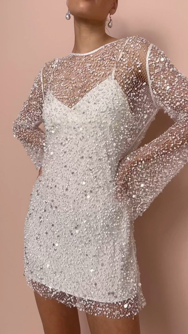 AURORA - Long Sleeve Sheer Mesh Sequin Mini Dress with Slip Liner and Crystal Embellishment