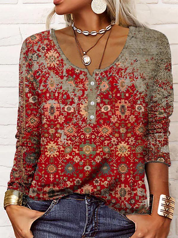 INES - Boho Ethnic Print Long Sleeve Henley Top