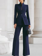 Women's button-front stand collar two piece set with wide-leg pants