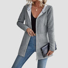 Women's knit zip-up hooded cardigan with cable upper