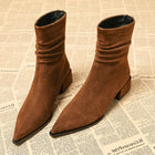 Women's suede side zip ankle boots with pointed toe and ruched shaft