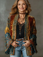 Women's velvet open-front shawl collar kimono with ornate pattern